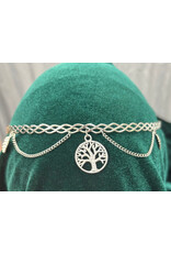 Cloakmakers.com Braided Band Circlet with Two Drapes ended by Leaves and Center Tree of Life Dangle, Silver Tone Plated