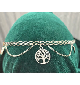 Cloakmakers.com Braided Band Circlet with Two Drapes ended by Leaves and Center Tree of Life Dangle, Silver Tone Plated