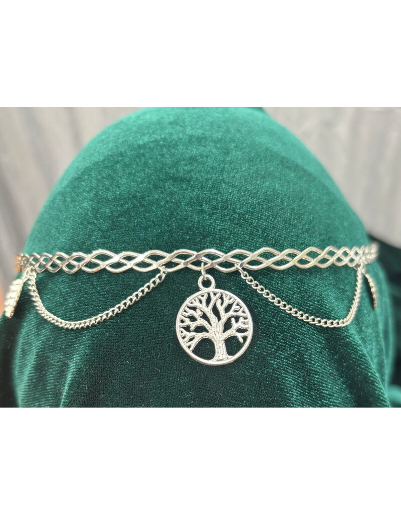 Cloakmakers.com Braided Band Circlet with Two Drapes ended by Leaves and Center Tree of Life Dangle, Silver Tone Plated