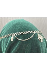 Cloakmakers.com Braided Band Circlet with Two Drapes ended by Leaves and Center Tree of Life Dangle, Silver Tone Plated