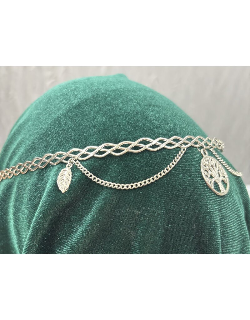 Cloakmakers.com Braided Band Circlet with Two Drapes ended by Leaves and Center Tree of Life Dangle, Silver Tone Plated