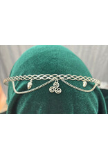 Cloakmakers.com Braided Band Circlet with Two Drapes and Center Triskele Dangle Between Acorn Dangles, Silver Tone Plated
