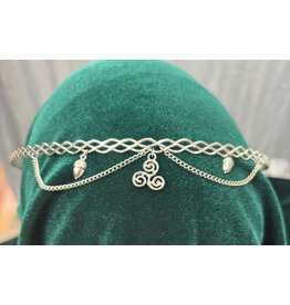 Cloakmakers.com Braided Band Circlet with Two Drapes and Center Triskele Dangle Between Acorn Dangles, Silver Tone Plated