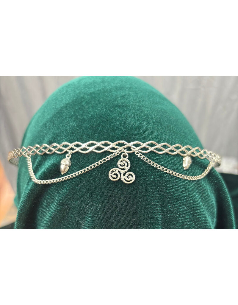 Cloakmakers.com Braided Band Circlet with Two Drapes and Center Triskele Dangle Between Acorn Dangles, Silver Tone Plated
