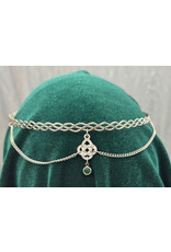Cloakmakers.com Braided Band Circlet with Two Drapes Attached to Center Celtic Knot Dangle with a Small Green Stone, Silver Tone Plated