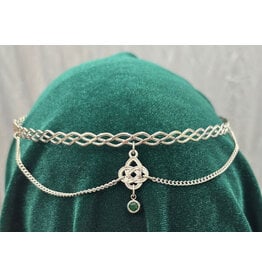 Cloakmakers.com Braided Band Circlet with Two Drapes Attached to Center Celtic Knot Dangle with a Small Green Stone, Silver Tone Plated
