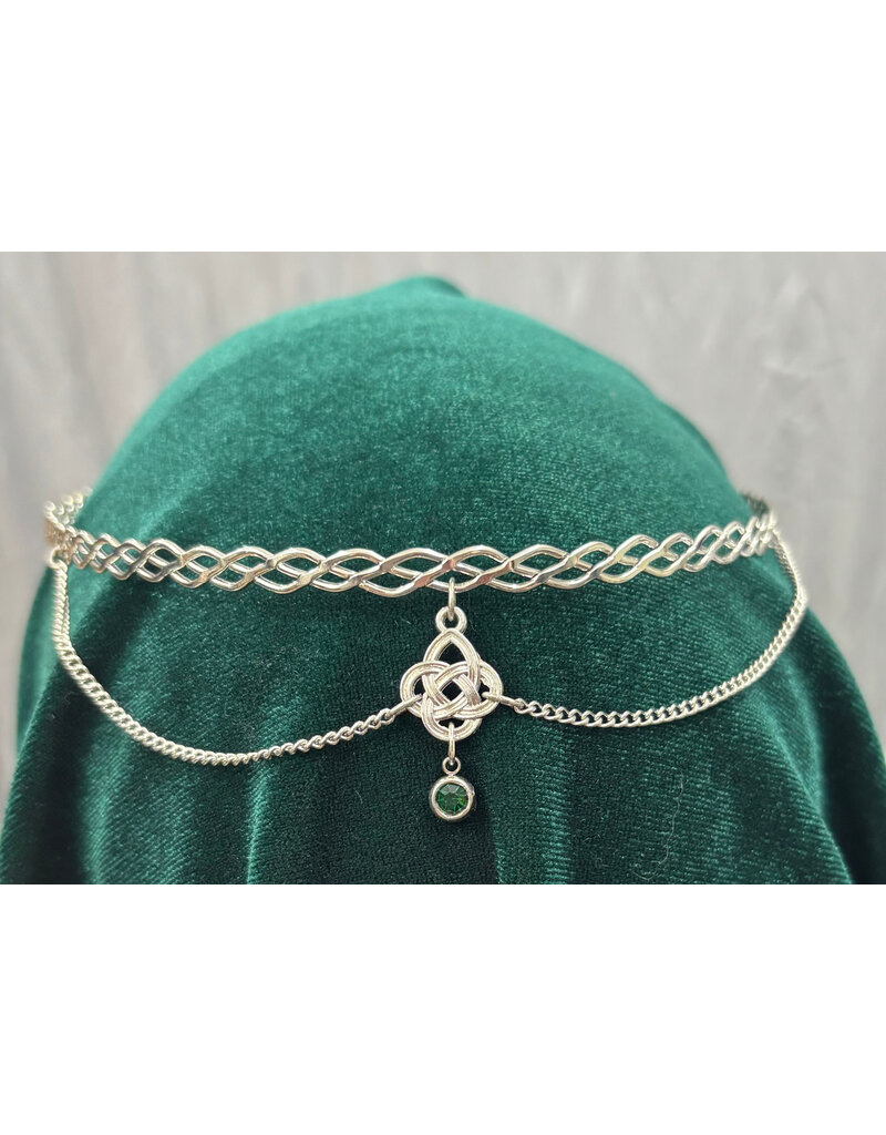 Cloakmakers.com Braided Band Circlet with Two Drapes Attached to Center Celtic Knot Dangle with a Small Green Stone, Silver Tone Plated