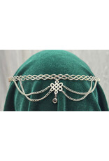 Cloakmakers.com Braided Band Circlet with Four Drapes attached to Center Pictish Celtic Knot Dangle with a Red Circle Stone, Silver Tone Plated