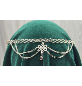 Cloakmakers.com Braided Band Circlet with Four Drapes attached to Center Pictish Celtic Knot Dangle with a Red Circle Stone, Silver Tone Plated