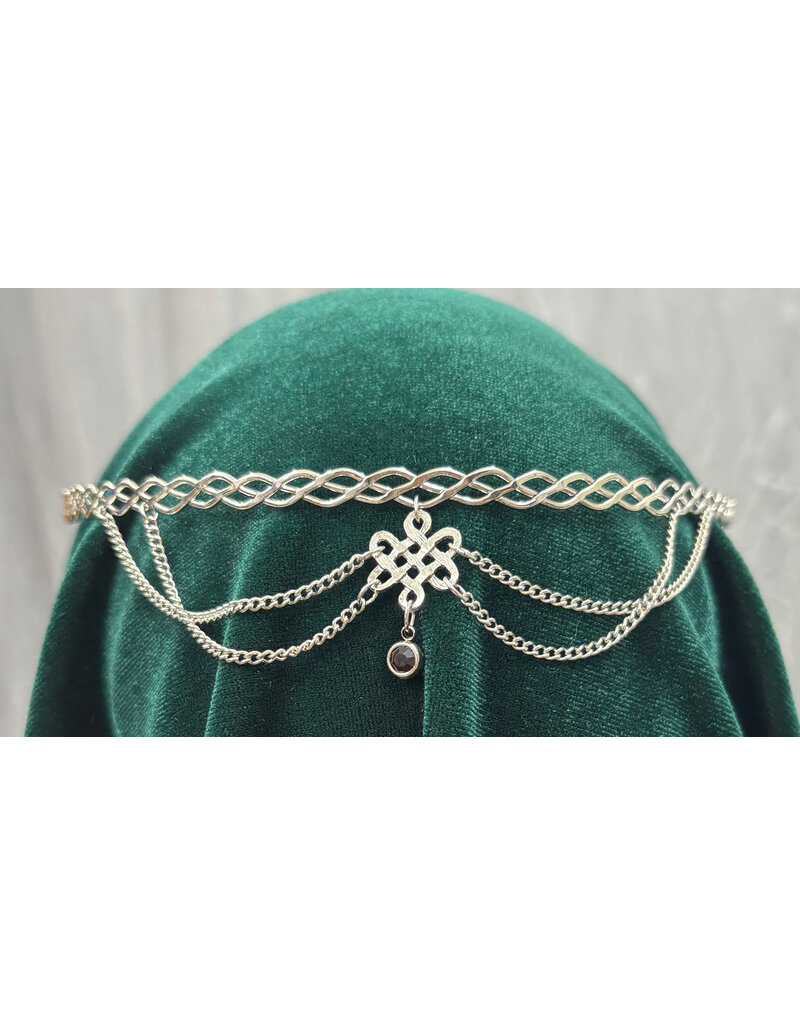 Cloakmakers.com Braided Band Circlet with Four Drapes attached to Center Pictish Celtic Knot Dangle with a Red Circle Stone, Silver Tone Plated