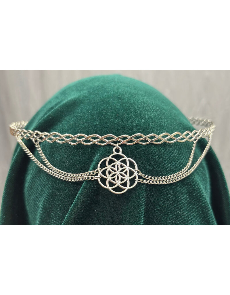 Cloakmakers.com Braided Band Circlet with Four Drapes attached to Center Mandala Dangle, Silver Tone Plated
