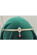 Cloakmakers.com Braided Wheat Band with a Center Shell and a Red Oval Stone Dangle, Silver Tone Plated