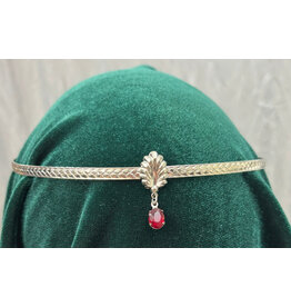 Cloakmakers.com Braided Wheat Band with a Center Shell and a Red Oval Stone Dangle, Silver Tone Plated