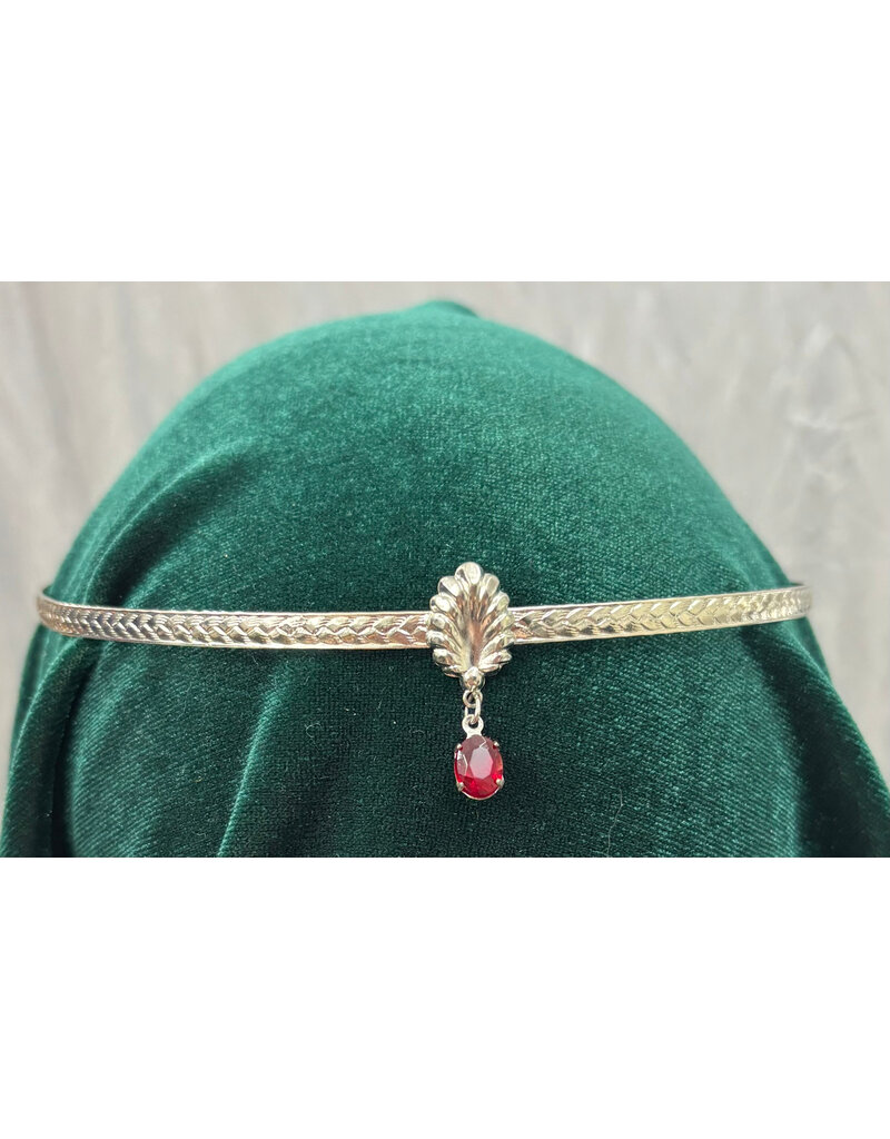 Cloakmakers.com Braided Wheat Band with a Center Shell and a Red Oval Stone Dangle, Silver Tone Plated