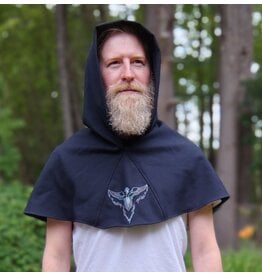 Cloakmakers.com H536-Washable Black Wool Hooded Cowl w/ Multi-Color Phoenix Embroidery