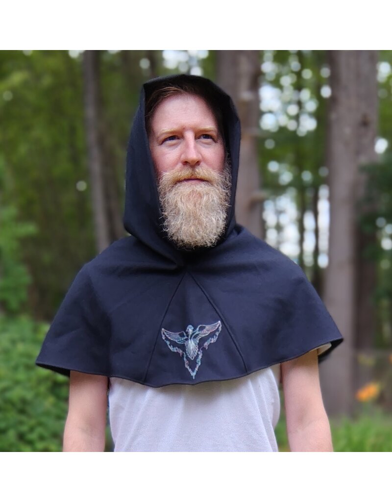 Cloakmakers.com H536-Washable Black Wool Hooded Cowl w/ Multi-Color Phoenix Embroidery