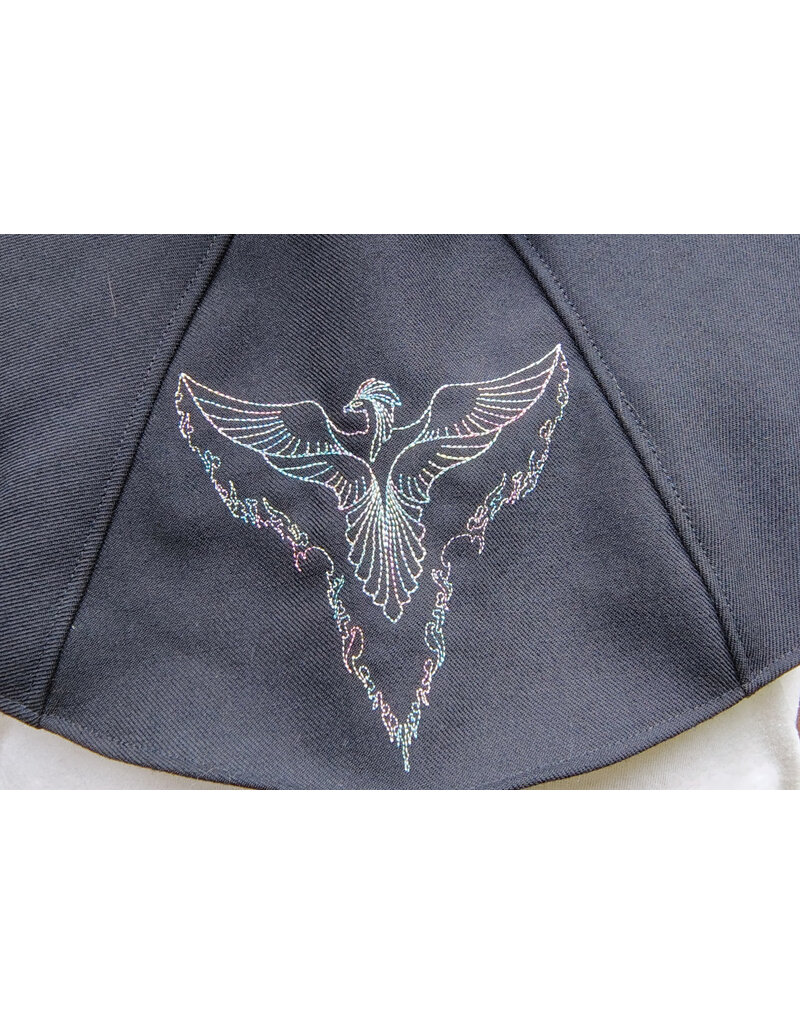 Cloakmakers.com H536-Washable Black Wool Hooded Cowl w/ Multi-Color Phoenix Embroidery