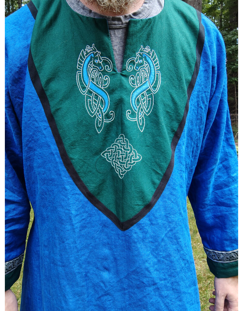 Cloakmakers.com J898-Washable Blue Linen Tunic w/ Seahorse Embroidery