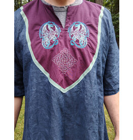 Cloakmakers.com J899-Washable Dusty Navy Linen Tunic w/ Teal Dragon Embroidery