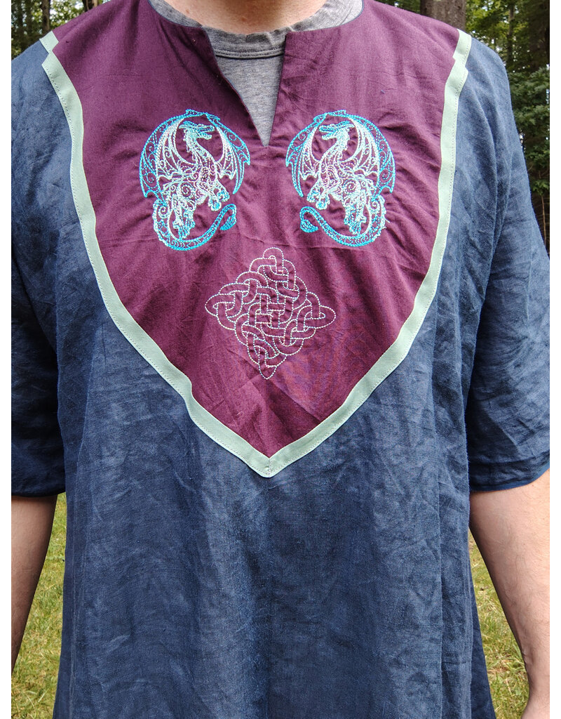 Cloakmakers.com J899-Washable Dusty Navy Linen Tunic w/ Teal Dragon Embroidery