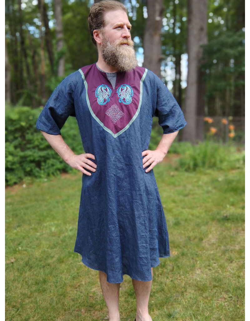 Cloakmakers.com J899-Washable Dusty Navy Linen Tunic w/ Teal Dragon Embroidery