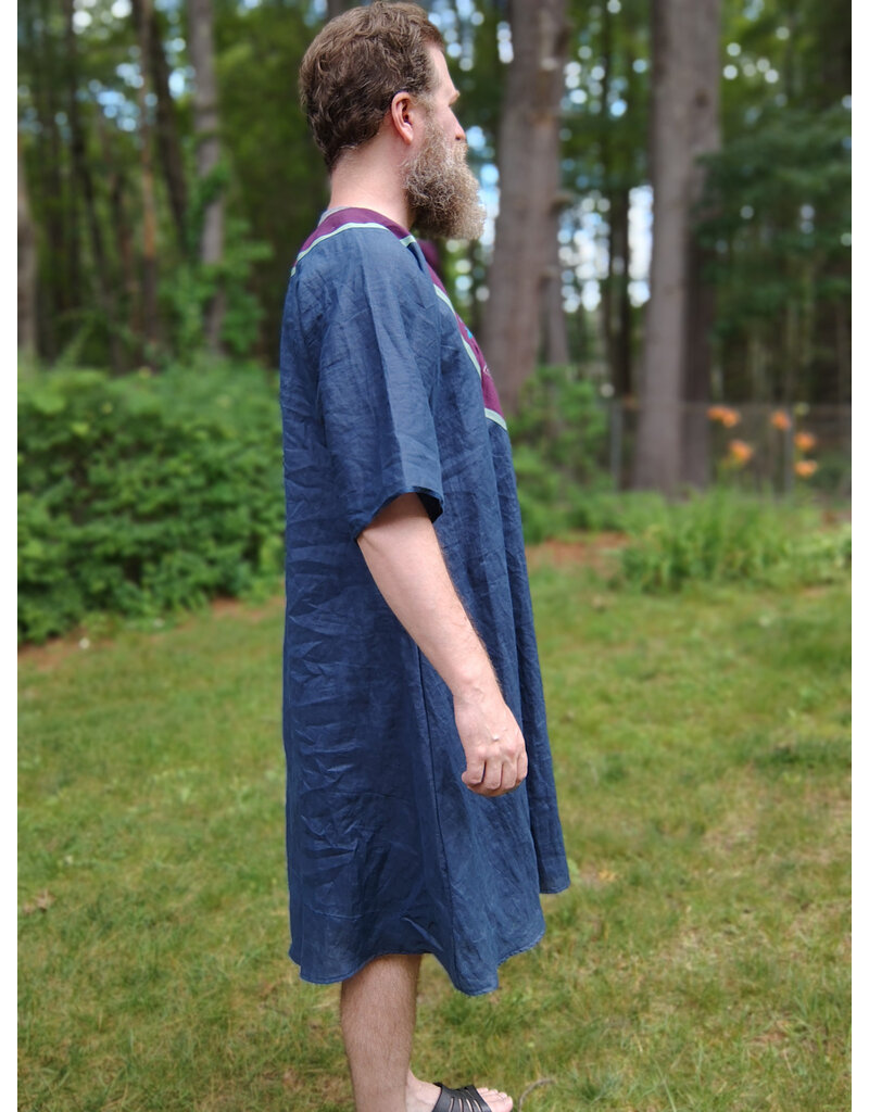 Cloakmakers.com J899-Washable Dusty Navy Linen Tunic w/ Teal Dragon Embroidery