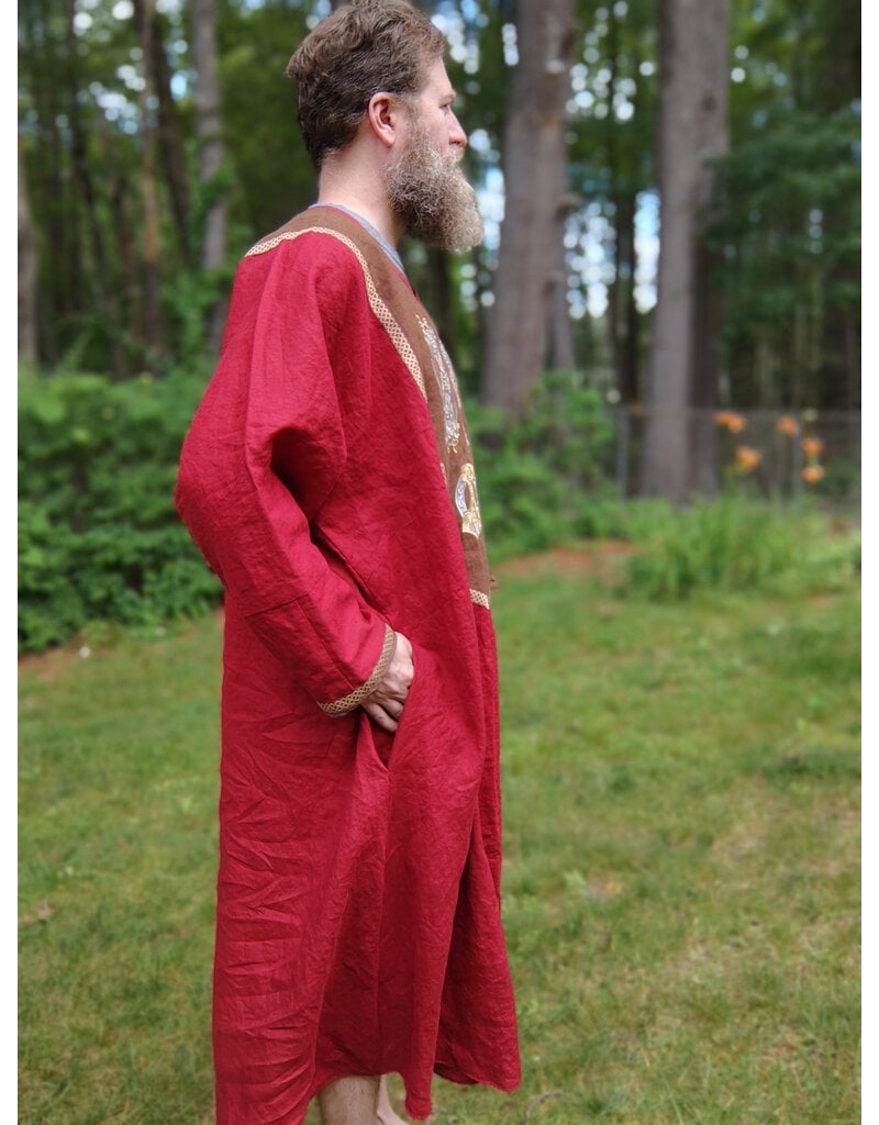 Cloakmakers.com J901-Washable Red Linen Tunic w/ Celtic Dragon Embroidery & Pockets