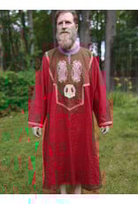 Cloakmakers.com J901-Washable Red Linen Tunic w/ Celtic Dragon Embroidery & Pockets