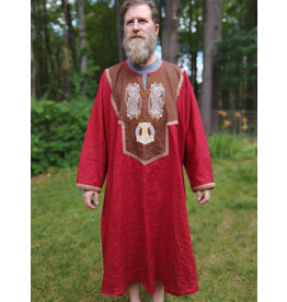 Cloakmakers.com J901-Washable Red Linen Tunic w/ Celtic Dragon Embroidery & Pockets