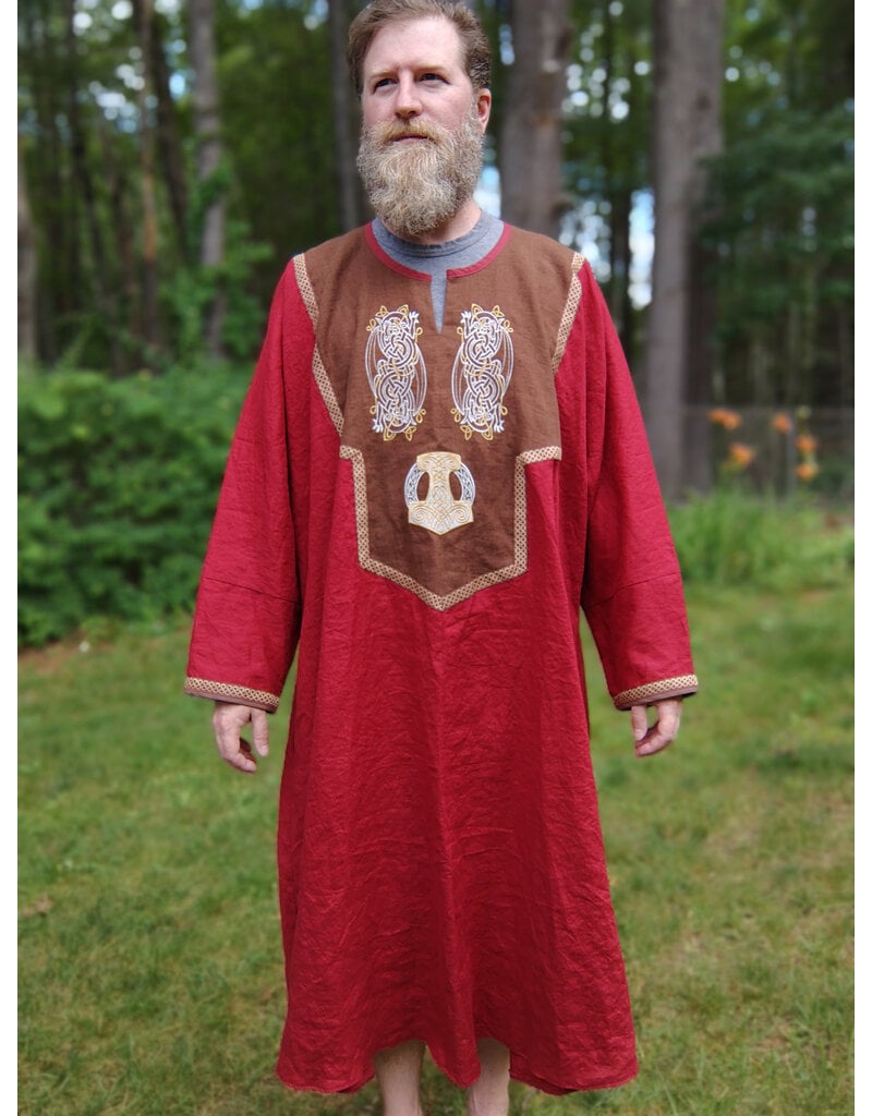 Cloakmakers.com J901-Washable Red Linen Tunic w/ Celtic Dragon Embroidery & Pockets