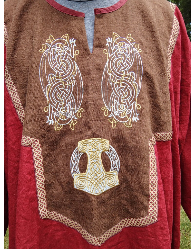 Cloakmakers.com J901-Washable Red Linen Tunic w/ Celtic Dragon Embroidery & Pockets