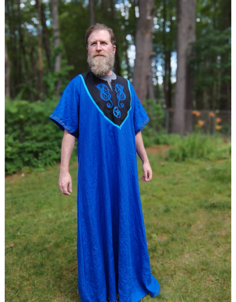 Cloakmakers.com J902-Washable Blue Linen Tunic w/ Blue Dragon Embroidery & Pockets