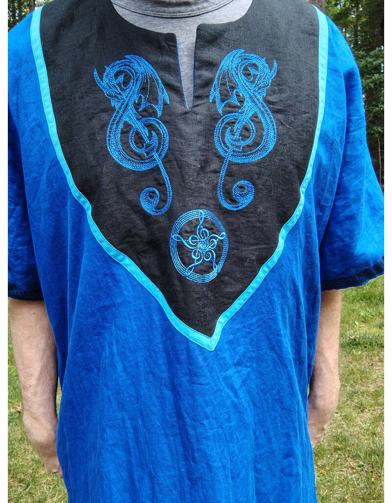 Cloakmakers.com J902-Washable Blue Linen Tunic w/ Blue Dragon Embroidery & Pockets