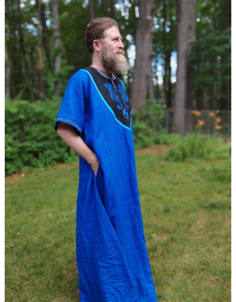 Cloakmakers.com J902-Washable Blue Linen Tunic w/ Blue Dragon Embroidery & Pockets