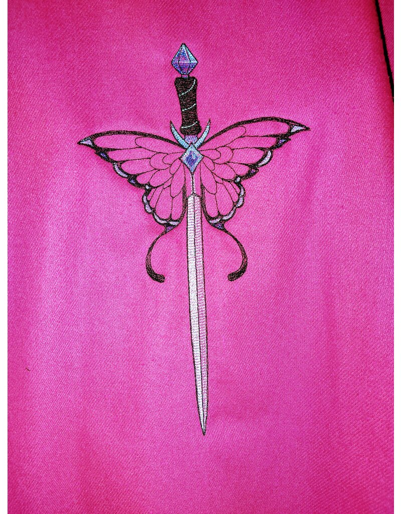 Cloakmakers.com 5489 - Washable Fuschia Pink Ruana Cloak w/ Butterfly Sword Embroidery