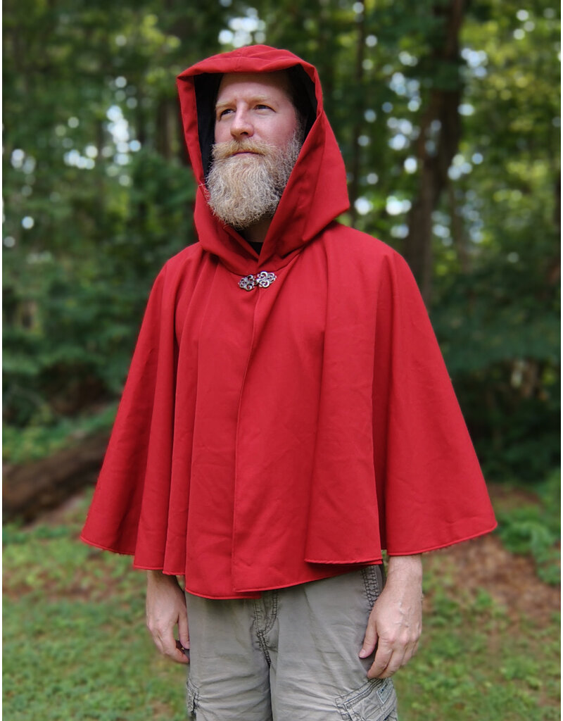 Cloakmakers.com 5738-Washable Red Wool Blend Cloak w/ Fox Embroidery, Black Hood Lining & Pockets