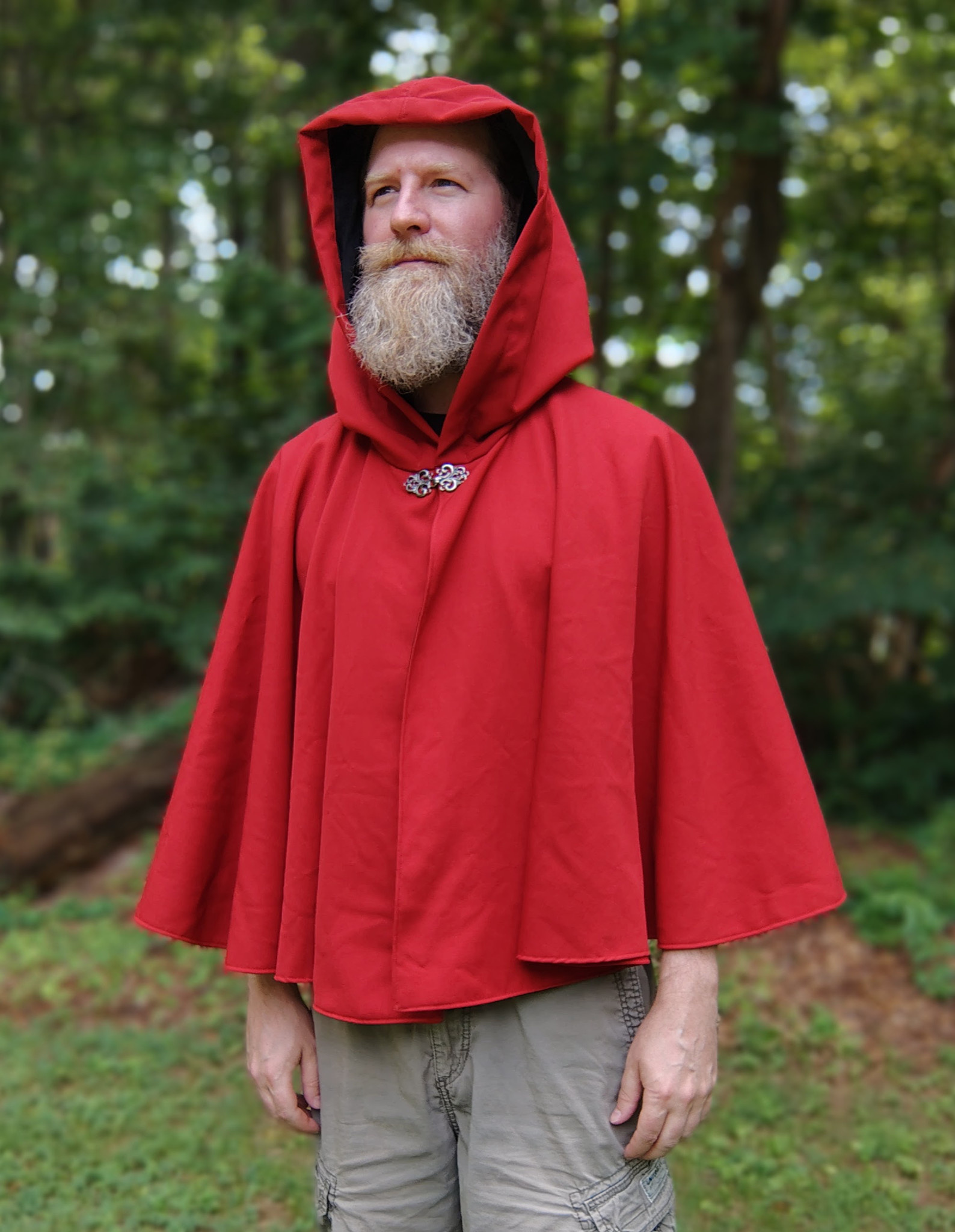 5738-Washable Red Wool Blend Cloak w/ Fox Embroidery, Black Hood