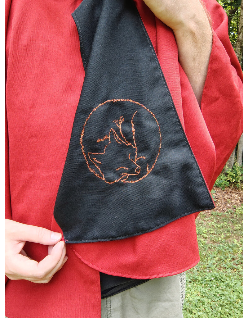 Cloakmakers.com 5738-Washable Red Wool Blend Cloak w/ Fox Embroidery, Black Hood Lining & Pockets