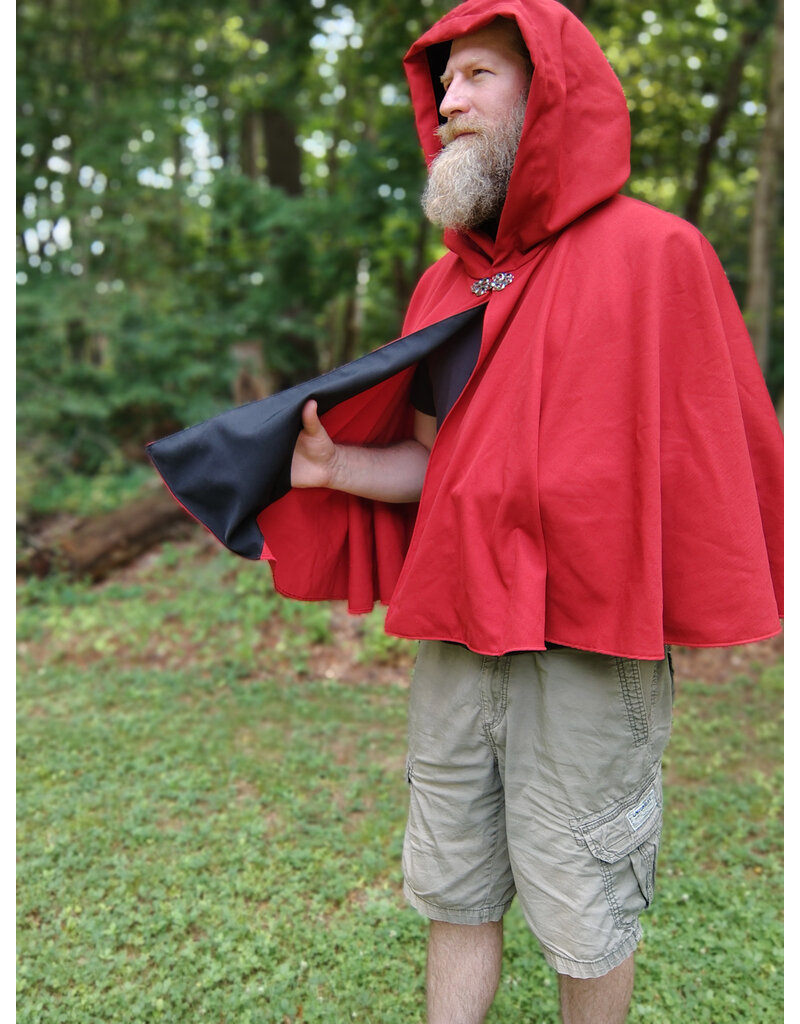 Cloakmakers.com 5738-Washable Red Wool Blend Cloak w/ Fox Embroidery, Black Hood Lining & Pockets