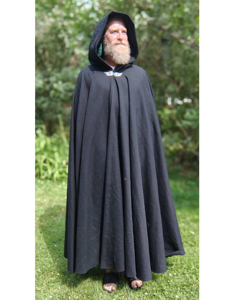 Cloakmakers.com 5747-Washable Black Wool Cloak w/ Green Velvet Hood Lining & Multi-leaf Clasp