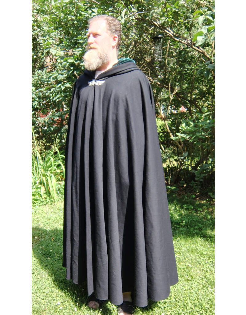 Cloakmakers.com 5747-Washable Black Wool Cloak w/ Green Velvet Hood Lining & Multi-leaf Clasp