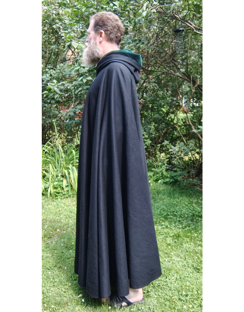 Cloakmakers.com 5747-Washable Black Wool Cloak w/ Green Velvet Hood Lining & Multi-leaf Clasp