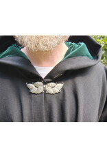 Cloakmakers.com 5747-Washable Black Wool Cloak w/ Green Velvet Hood Lining & Multi-leaf Clasp