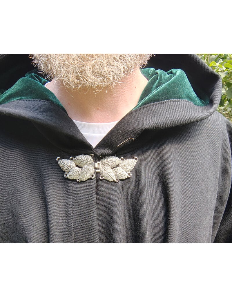 Cloakmakers.com 5747-Washable Black Wool Cloak w/ Green Velvet Hood Lining & Multi-leaf Clasp