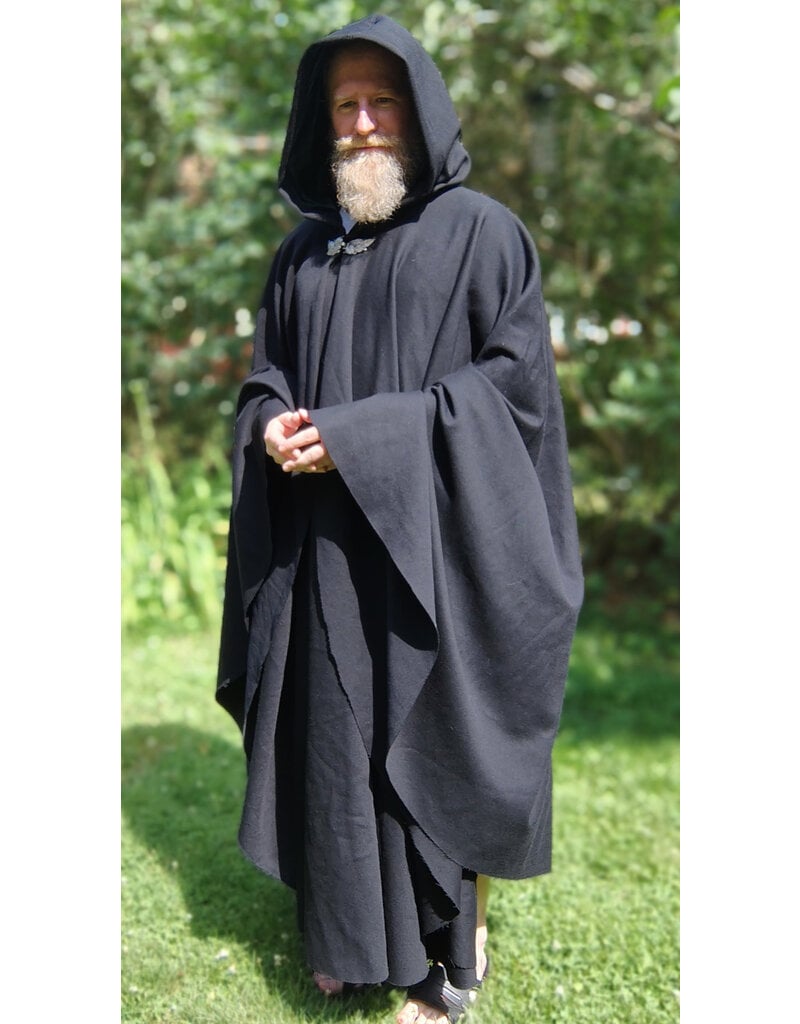 Cloakmakers.com 5747-Washable Black Wool Cloak w/ Green Velvet Hood Lining & Multi-leaf Clasp