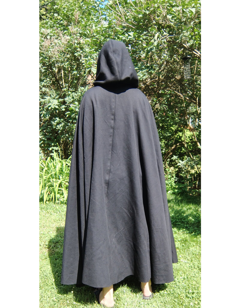 Cloakmakers.com 5747-Washable Black Wool Cloak w/ Green Velvet Hood Lining & Multi-leaf Clasp