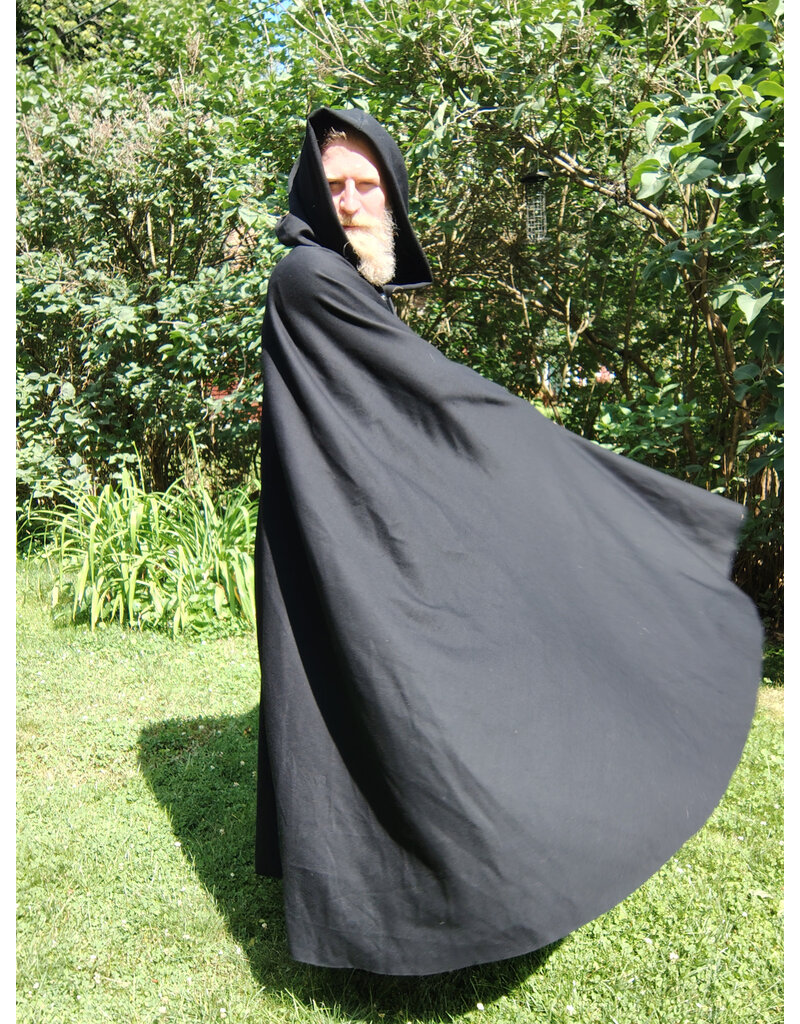 Cloakmakers.com 5747-Washable Black Wool Cloak w/ Green Velvet Hood Lining & Multi-leaf Clasp