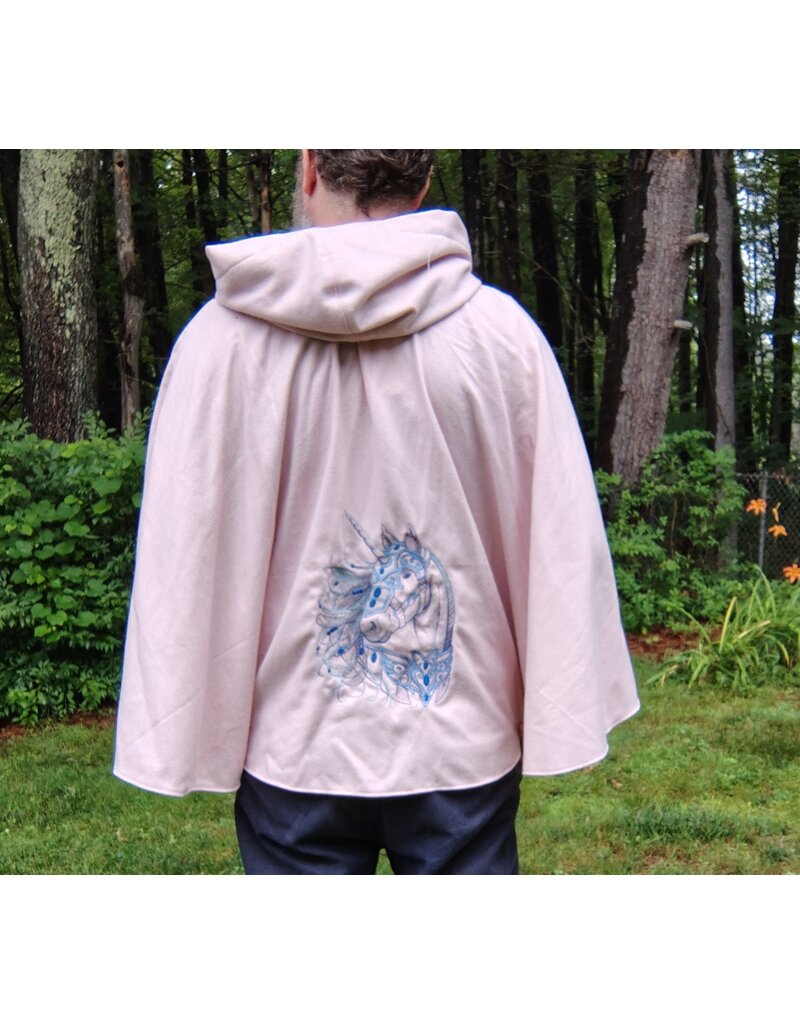 Cloakmakers.com 5753-Washable Pastel Pink Cloak w/ Blue Warrior Unicorn Embroidery & Pockets