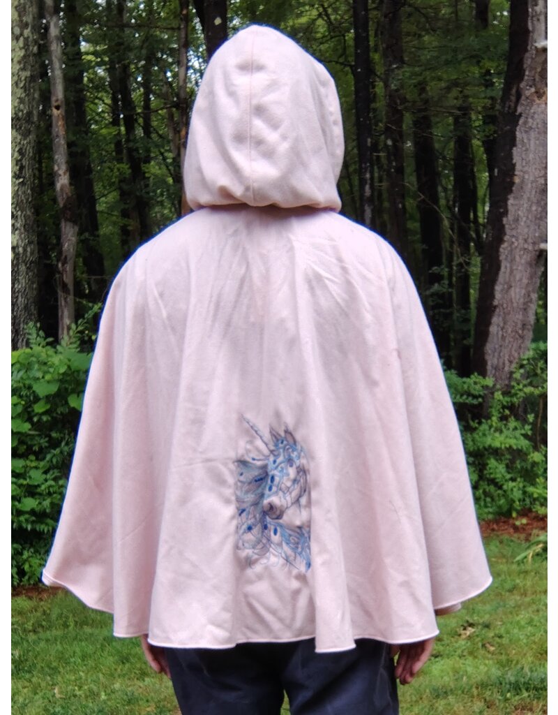 Cloakmakers.com 5753-Washable Pastel Pink Cloak w/ Blue Warrior Unicorn Embroidery & Pockets