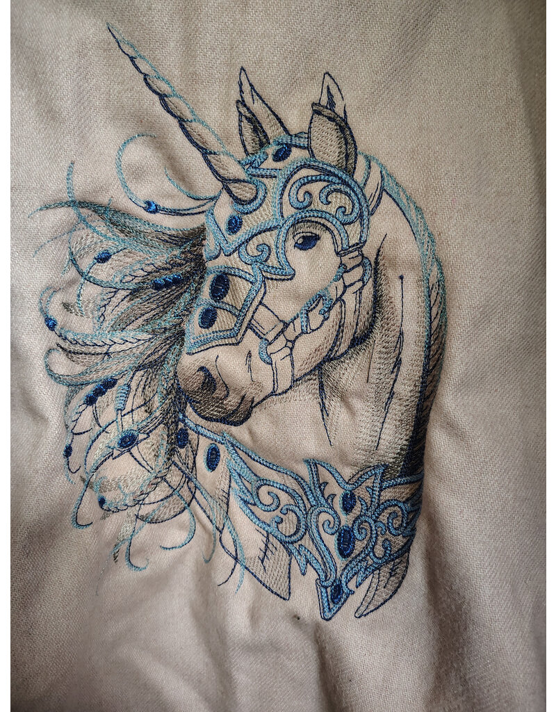 Cloakmakers.com 5753-Washable Pastel Pink Cloak w/ Blue Warrior Unicorn Embroidery & Pockets